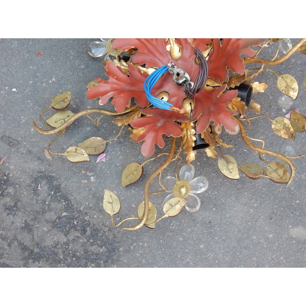 1970′ Série de 2 Plafonniers ou Appliques à Décor de Fleurs et Feuilles en Métal Doré Style Maison Bagués Feuilles en Verre de Couleur Orange | Biron 1970' Série de 2 Plafonniers ou Appliques à Décor de Fleurs et Feuilles en Métal Doré Style Maison Bagués Feuilles en Verre de Couleur Orange