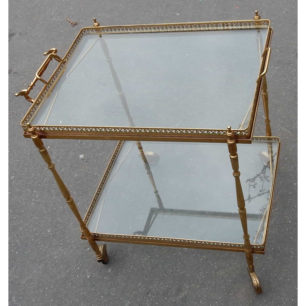1950/70 Desserte Roulante Maison Bagués en Laiton Doré Avec Galeries Ajourées | Biron 1950/70 Desserte Roulante Maison Bagués en Laiton Doré Avec Galeries Ajourées