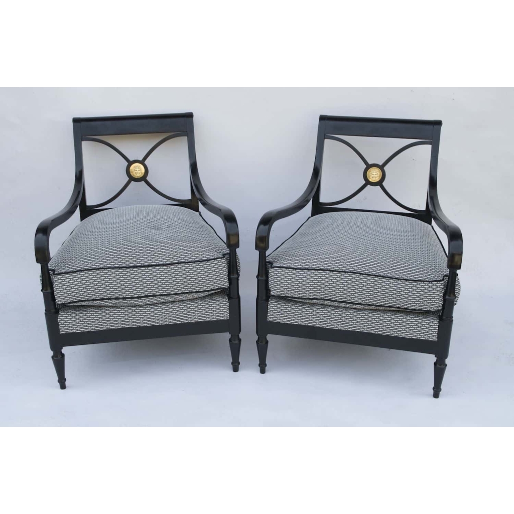 Paire de fauteuils de style Empire en laque noire, Maison Jansen, années 1940