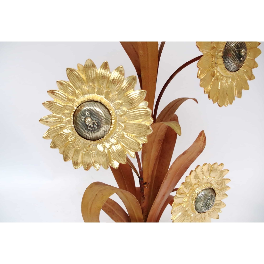 Grande lampe en laiton et bronze doré et argenté, motifs tournesols, années 1970