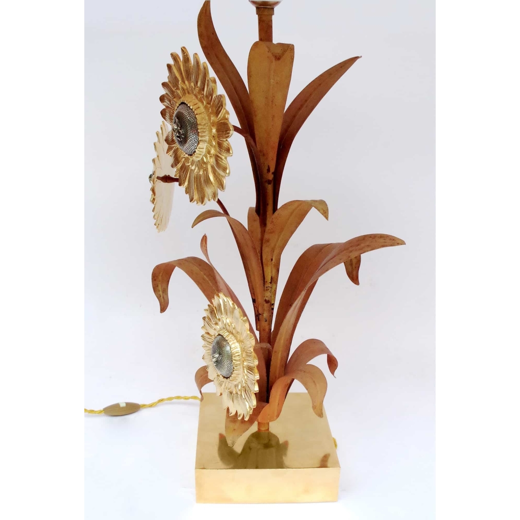 Grande lampe en laiton et bronze doré et argenté, motifs tournesols, années 1970
