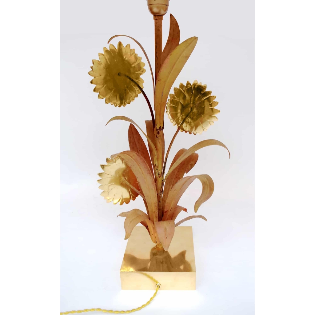 Grande lampe en laiton et bronze doré et argenté, motifs tournesols, années 1970