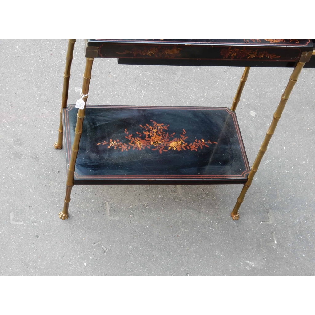 1950/70' Table a Tiroir Bronze Décor Bambou , Plateau Laque de Chine St Maison Bagués 48 X 25 cm