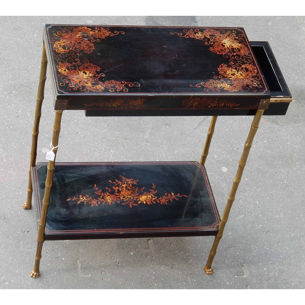 1950/70' Table a Tiroir Bronze Décor Bambou , Plateau Laque de Chine St Maison Bagués 48 X 25 cm
