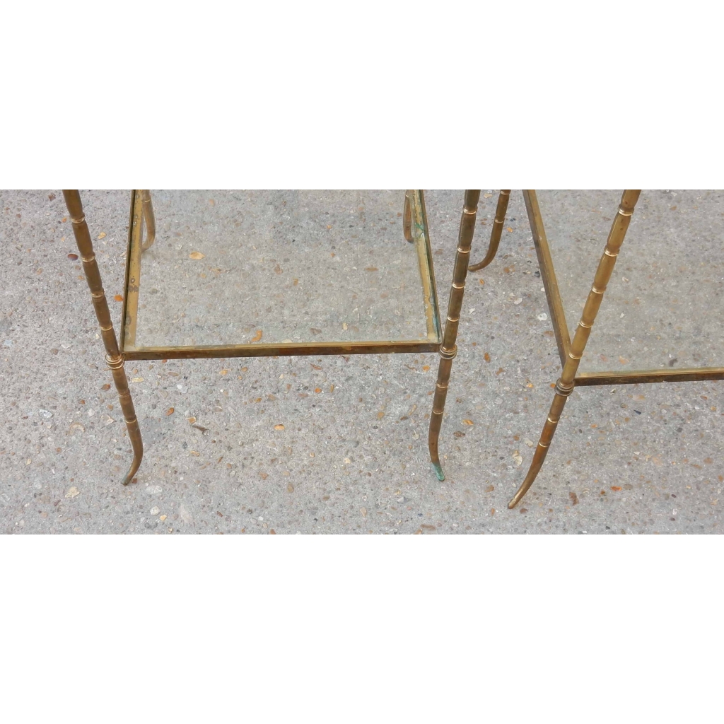 1950/70′ Paire de Bouts de Canapés Bronze Décor Bambou , Style Maison Bagués 40 X 40 cm | Biron 1950/70' Paire de Bouts de Canapés Bronze Décor Bambou , Style Maison Bagués 40 X 40 cm