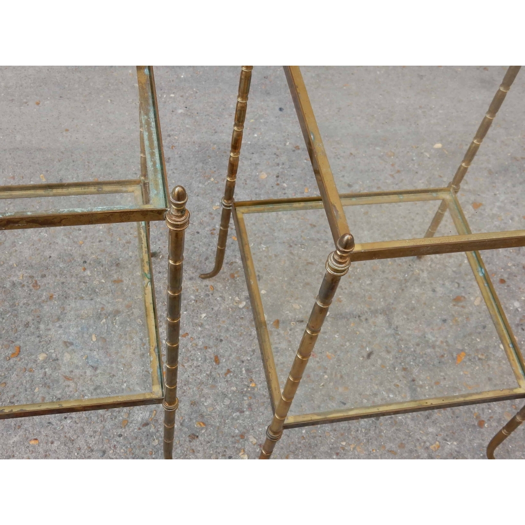 1950/70′ Paire de Bouts de Canapés Bronze Décor Bambou , Style Maison Bagués 40 X 40 cm | Biron 1950/70' Paire de Bouts de Canapés Bronze Décor Bambou , Style Maison Bagués 40 X 40 cm