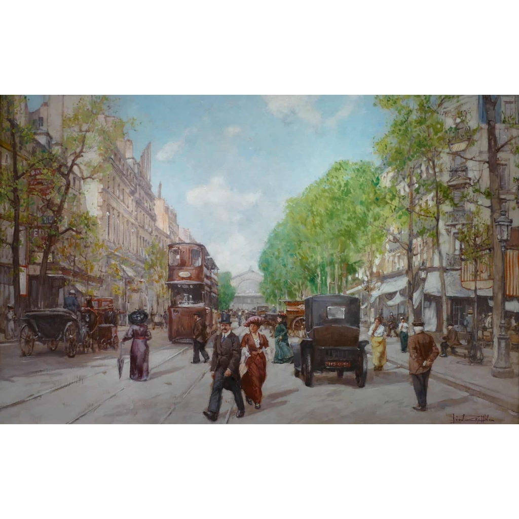 Leon ZEYTLINE Ecole Russe 20è siècle Vue de Paris Tramway, calèches et automobiles sur le Boulevard de Strasbourg Huile sur toile signée