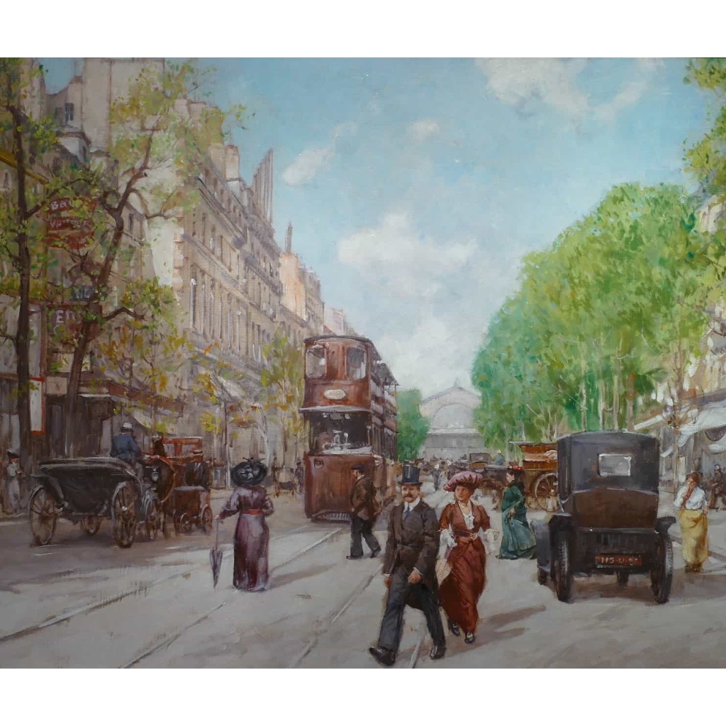 Leon ZEYTLINE Ecole Russe 20è siècle Vue de Paris Tramway, calèches et automobiles sur le Boulevard de Strasbourg Huile sur toile signée