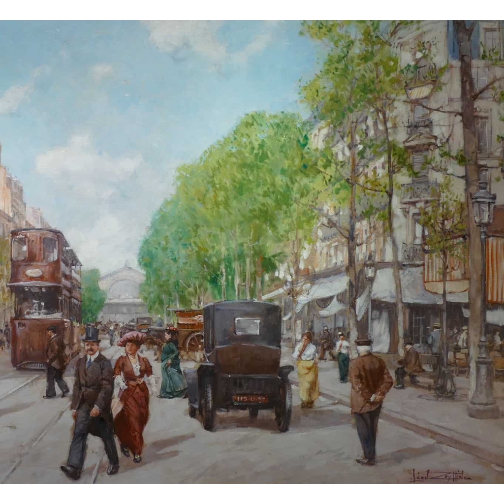 Leon ZEYTLINE Ecole Russe 20è siècle Vue de Paris Tramway, calèches et automobiles sur le Boulevard de Strasbourg Huile sur toile signée