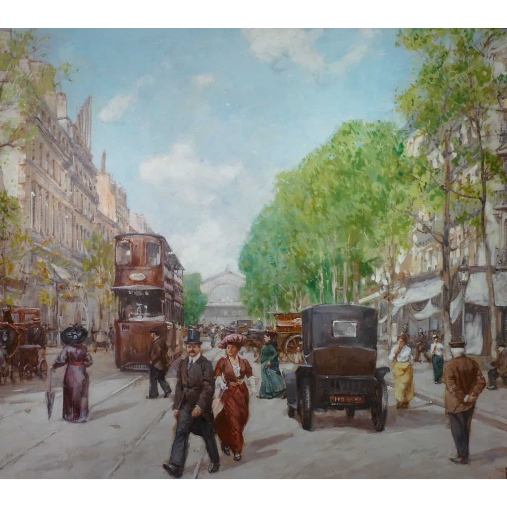 Leon ZEYTLINE Ecole Russe 20è siècle Vue de Paris Tramway, calèches et automobiles sur le Boulevard de Strasbourg Huile sur toile signée