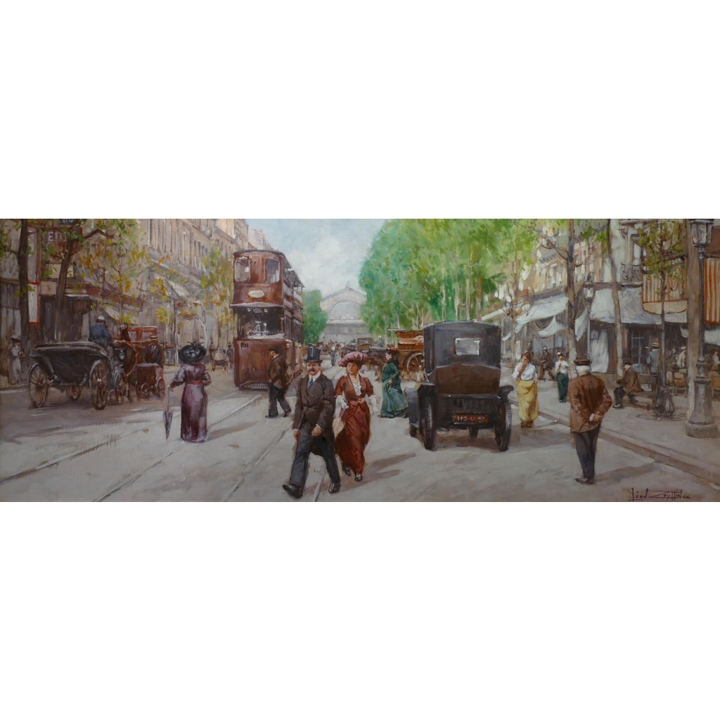 Leon ZEYTLINE Ecole Russe 20è siècle Vue de Paris Tramway, calèches et automobiles sur le Boulevard de Strasbourg Huile sur toile signée