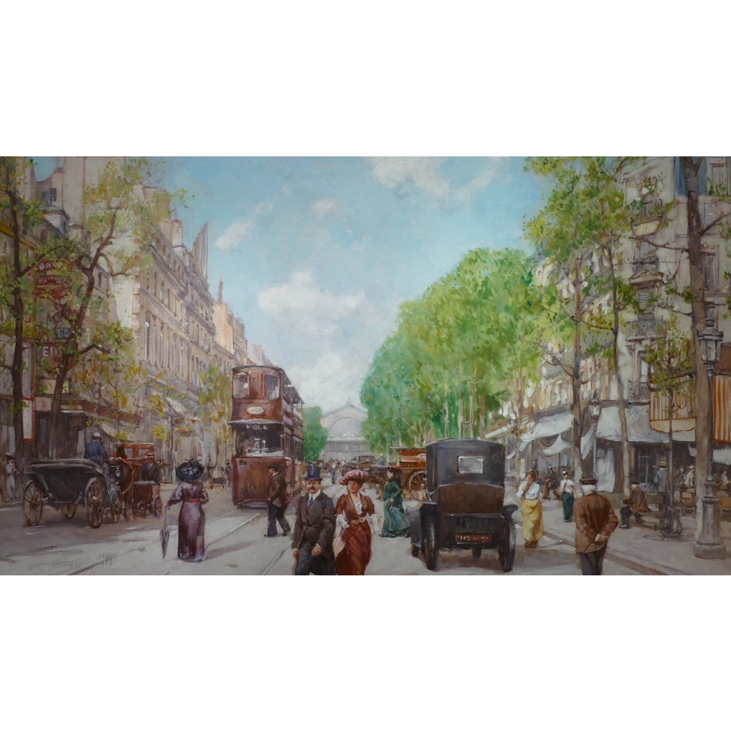 Leon ZEYTLINE Ecole Russe 20è siècle Vue de Paris Tramway, calèches et automobiles sur le Boulevard de Strasbourg Huile sur toile signée