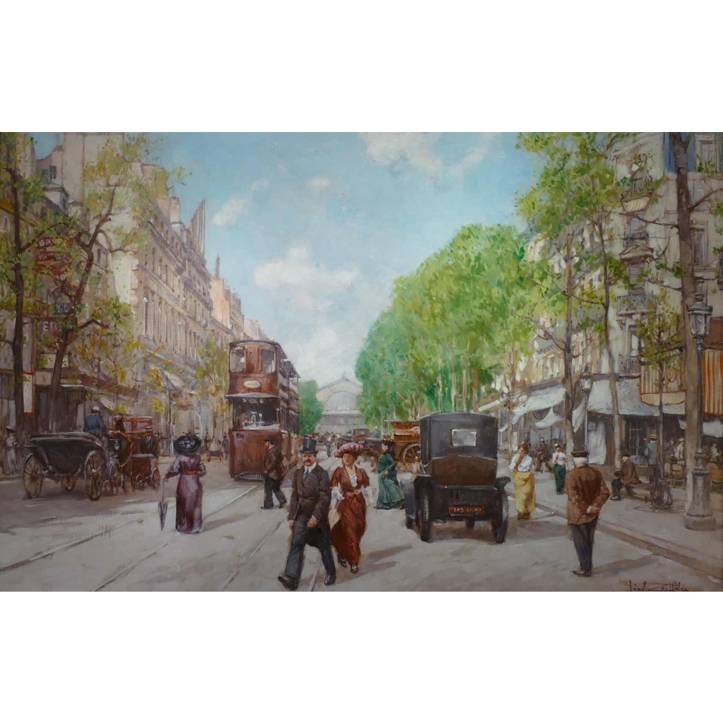 Leon ZEYTLINE Ecole Russe 20è siècle Vue de Paris Tramway, calèches et automobiles sur le Boulevard de Strasbourg Huile sur toile signée