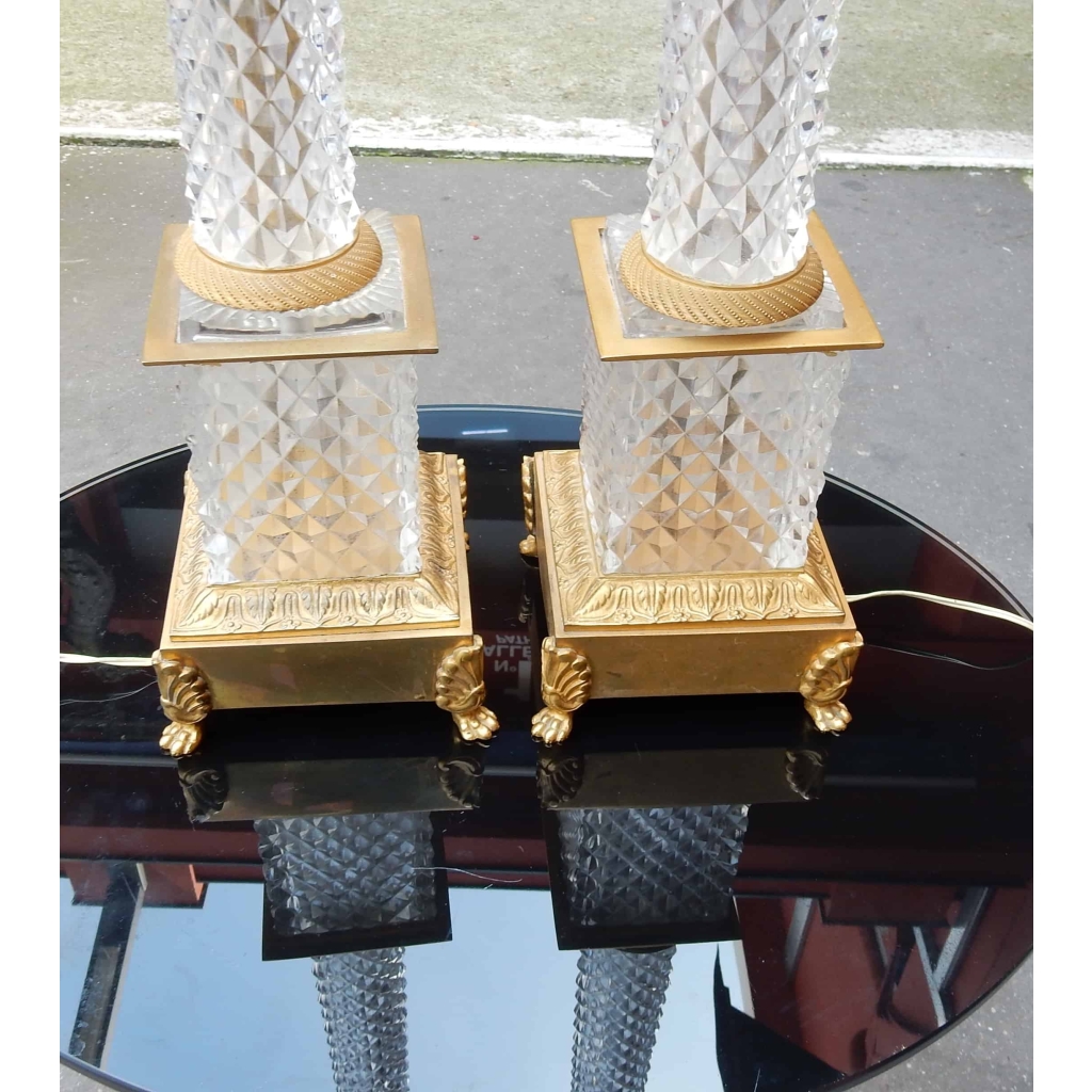 1950-70' Paire de Lampes Style Empire en Cristal et Bronze Style Maison Charles