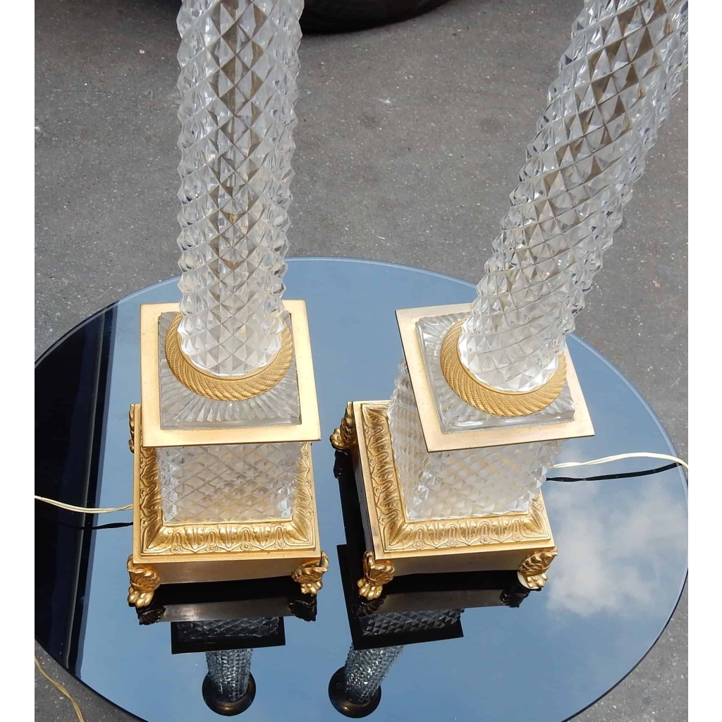 1950-70' Paire de Lampes Style Empire en Cristal et Bronze Style Maison Charles