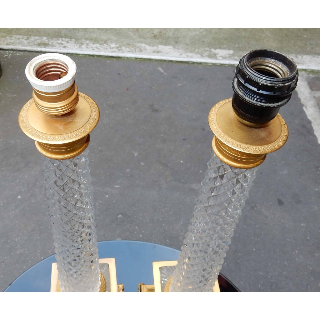 1950-70' Paire de Lampes Style Empire en Cristal et Bronze Style Maison Charles