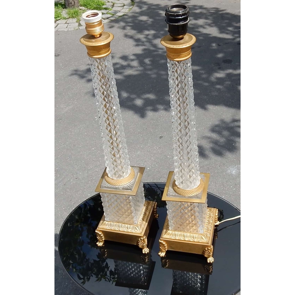 1950-70' Paire de Lampes Style Empire en Cristal et Bronze Style Maison Charles