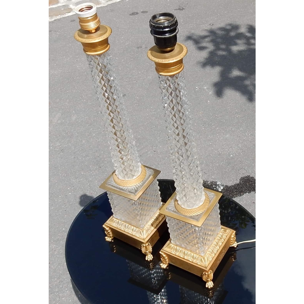 1950-70' Paire de Lampes Style Empire en Cristal et Bronze Style Maison Charles