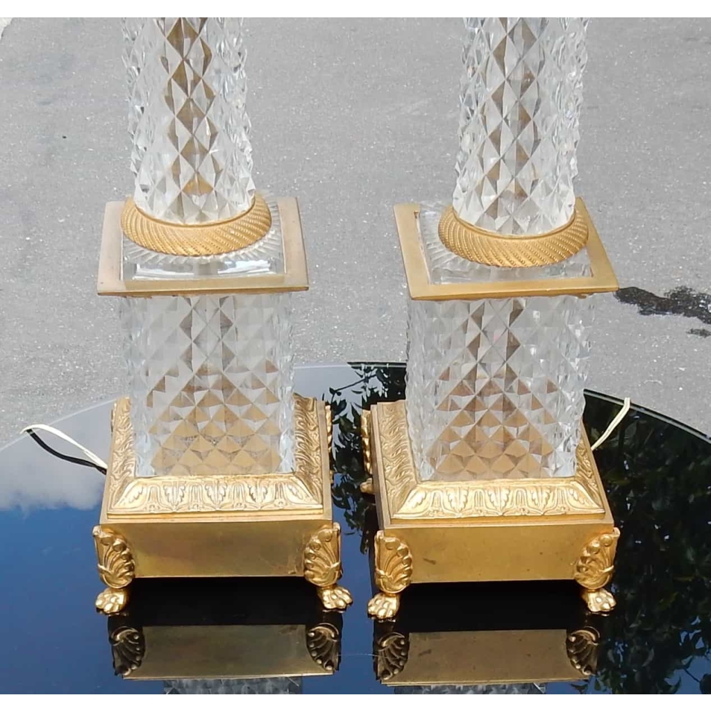 1950-70' Paire de Lampes Style Empire en Cristal et Bronze Style Maison Charles