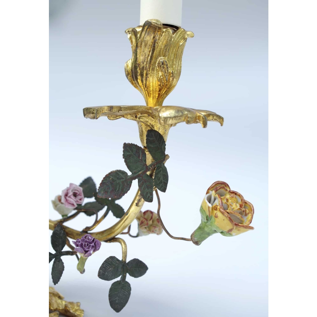 Paire de lampes oiseaux de style Meissen, monture en bronze doré, époque 1900