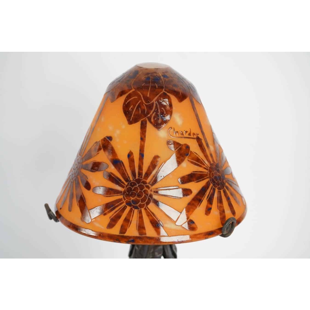Lampe rare aux cocotiers signée Charder sur un pied enfer forgé 1925-1930