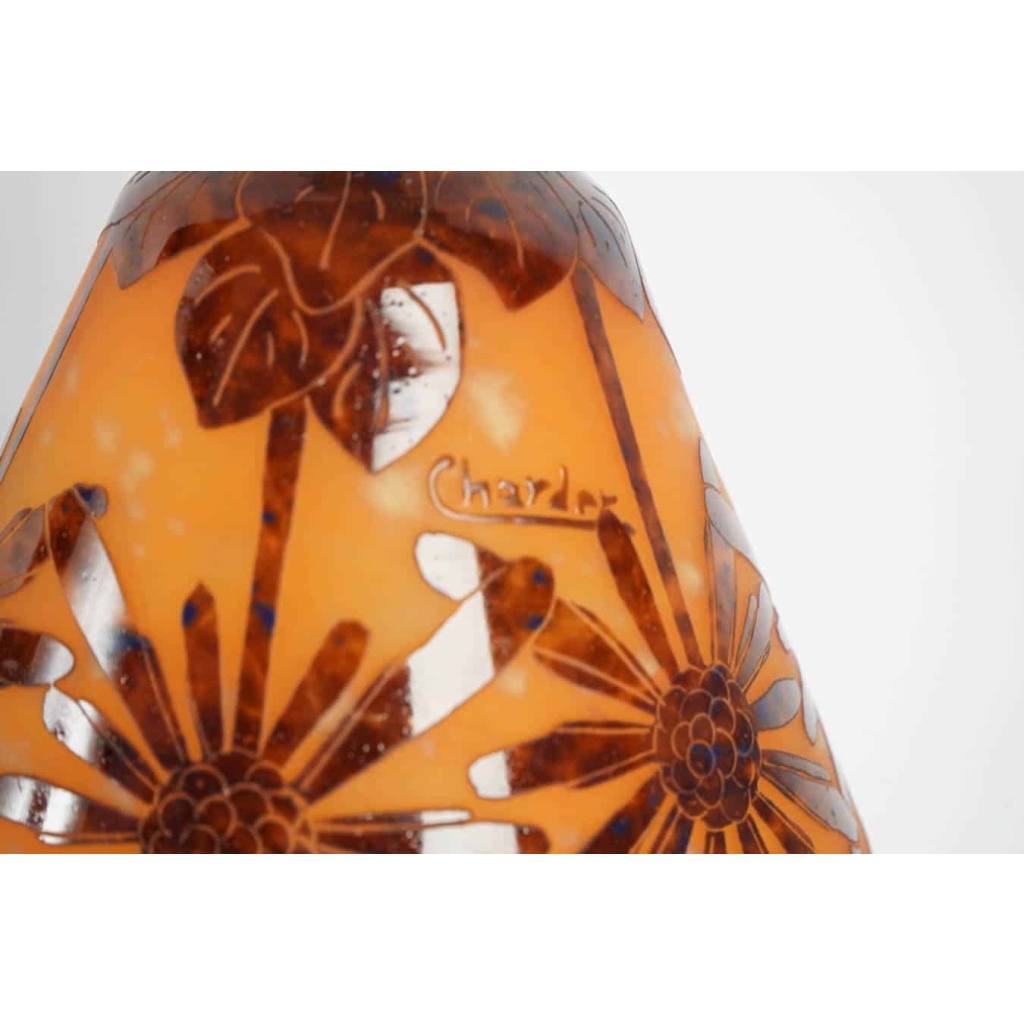 Lampe rare aux cocotiers signée Charder sur un pied enfer forgé 1925-1930