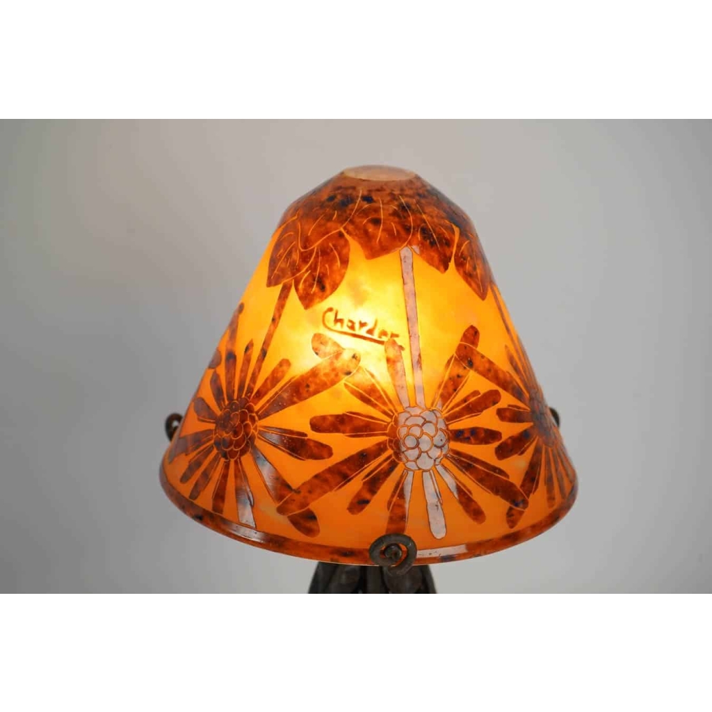Lampe rare aux cocotiers signée Charder sur un pied enfer forgé 1925-1930
