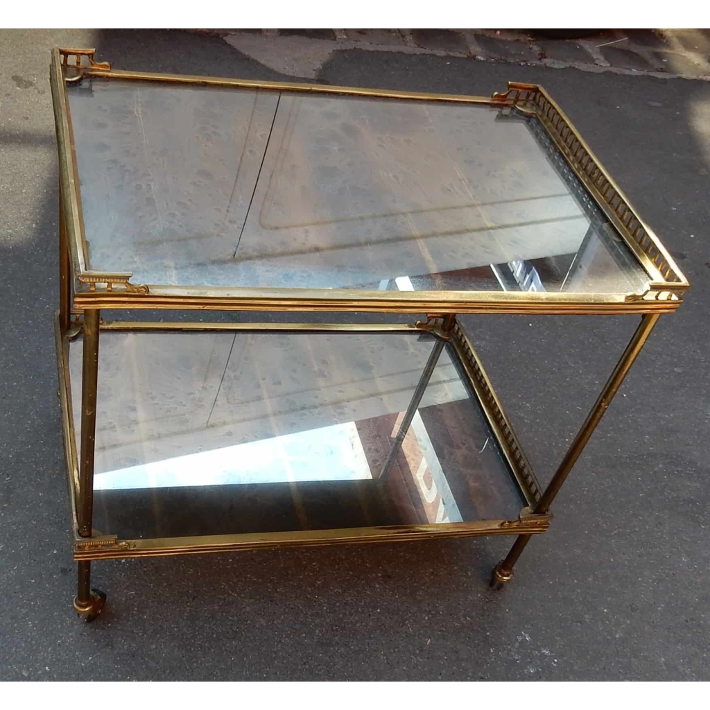 1950/70 Paire de Dessertes Roulantes Maison Jansen en Laiton et Bronze Doré Avec Galeries Ajourées | Biron 1950/70 Paire de Dessertes Roulantes Maison Jansen en Laiton et Bronze Doré Avec Galeries Ajourées
