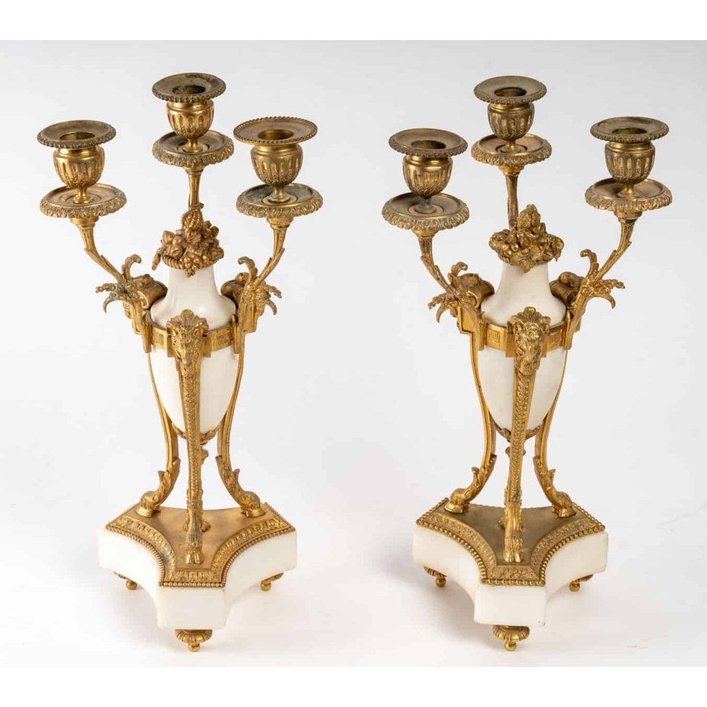 Paire de candélabres marbre blanc et bronze doré XIXème siècle | Biron Paire de candélabres marbre blanc et bronze doré XIXème siècle
