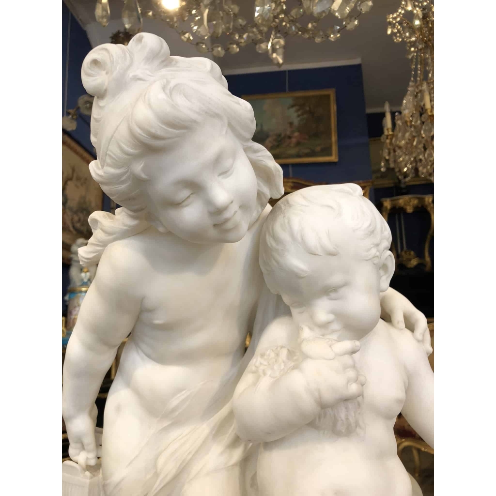 Marbre blanc de Auguste Moreau « Enfants à la cage d’oiseau » | Biron Marbre blanc de Auguste Moreau "Enfants à la cage d'oiseau"