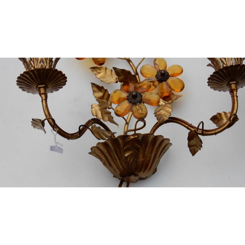1970′ Paire d’ Appliques en Métal Doré à Décor de Fleurs et Feuilles Style Maison Bagués | Biron 1970' Paire d' Appliques en Métal Doré à Décor de Fleurs et Feuilles Style Maison Bagués