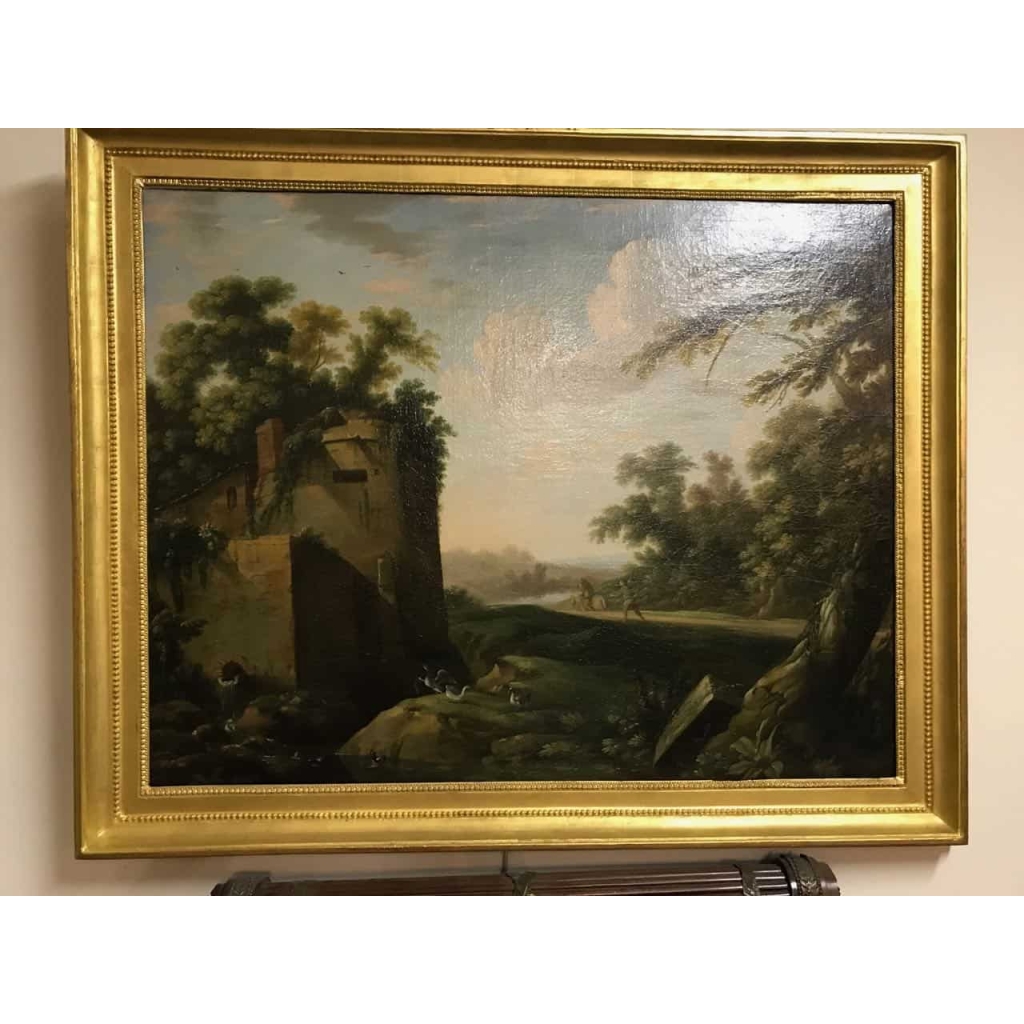 Peinture sur toile « Paysage animé ». Ecole flamande XVIIème. Ref: Charles 03. | Biron |||||