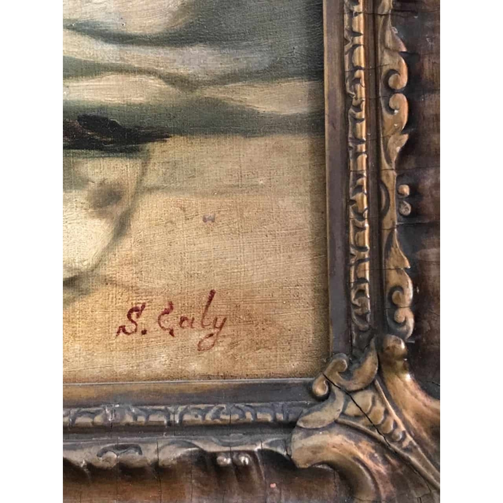 Peinture sur toile encadrée, Jeune fille au puit, signée S.Galy. Ref: 300.