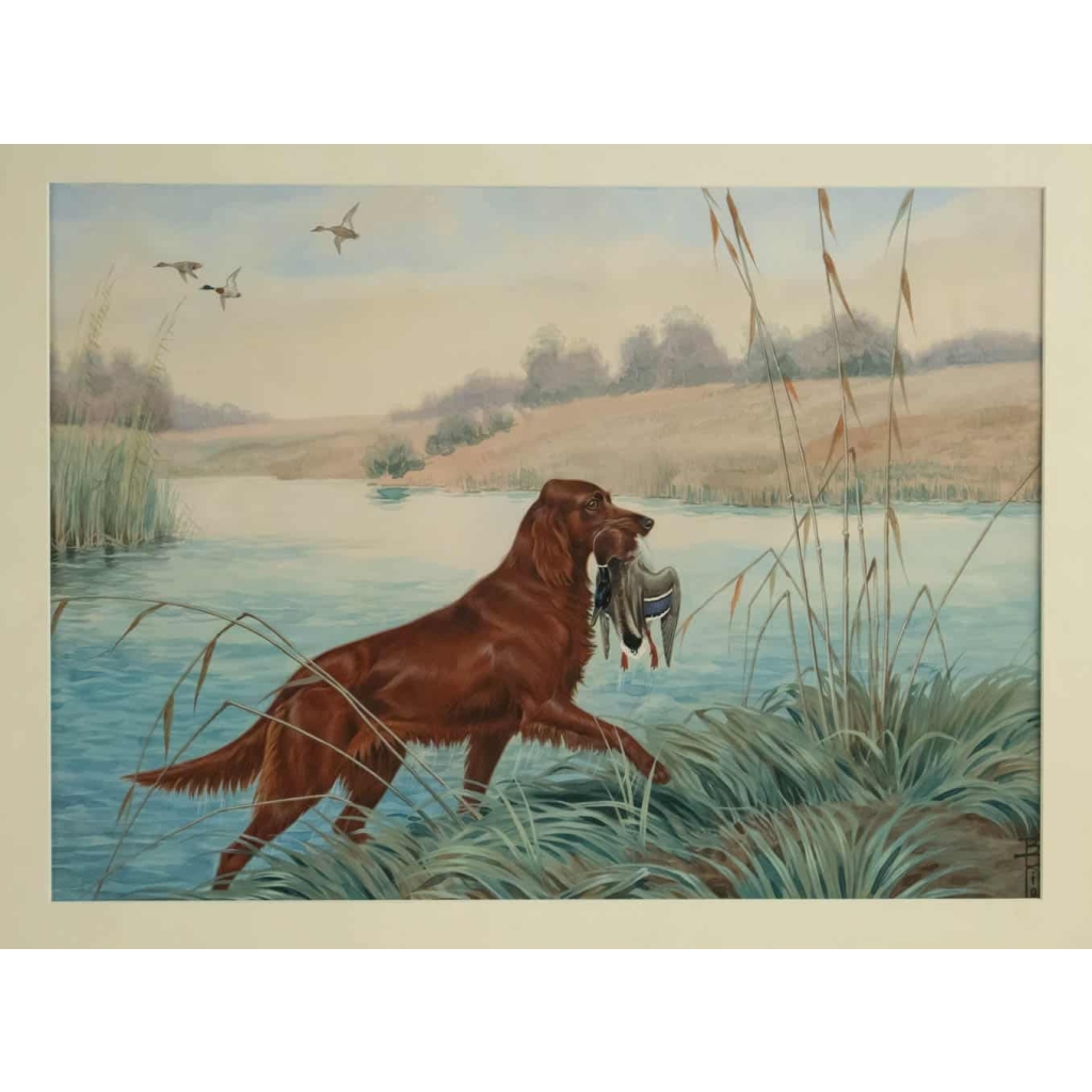 Boris RIABOUCHINSKY, dit RIAB (1898-1975) Gouache "Setter & Canard"