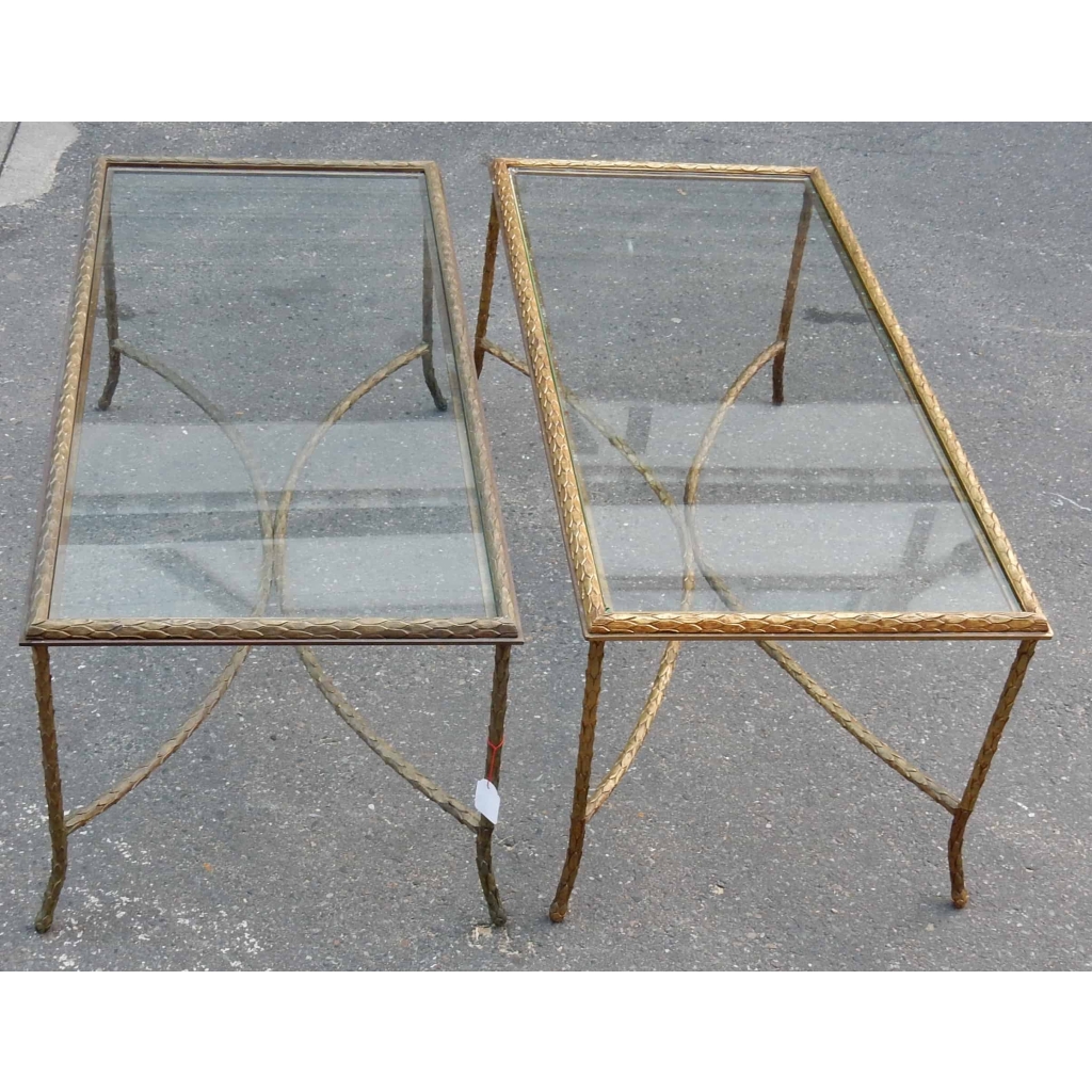 1950/70′ Paire Tables Basses en Bronze Doré Décor Palmier Maison Charles 105 X 50 cm | Biron 1950/70' Paire Tables Basses en Bronze Doré Décor Palmier Maison Charles 105 X 50 cm
