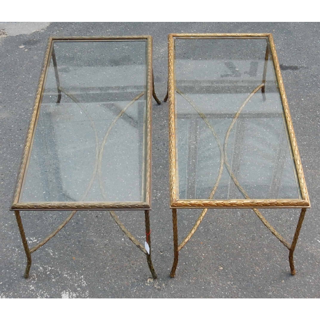 1950/70′ Paire Tables Basses en Bronze Doré Décor Palmier Maison Charles 105 X 50 cm | Biron 1950/70' Paire Tables Basses en Bronze Doré Décor Palmier Maison Charles 105 X 50 cm