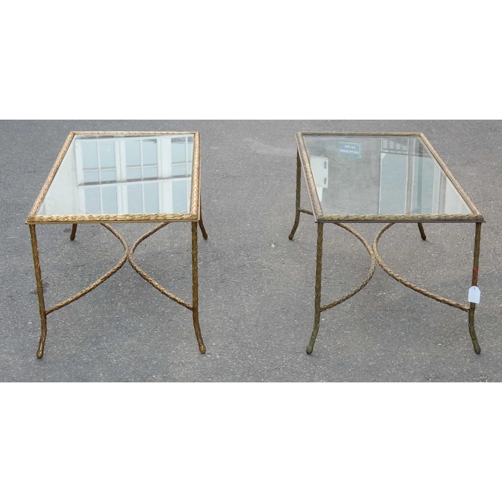 1950/70′ Paire Tables Basses en Bronze Doré Décor Palmier Maison Charles 105 X 50 cm | Biron 1950/70' Paire Tables Basses en Bronze Doré Décor Palmier Maison Charles 105 X 50 cm