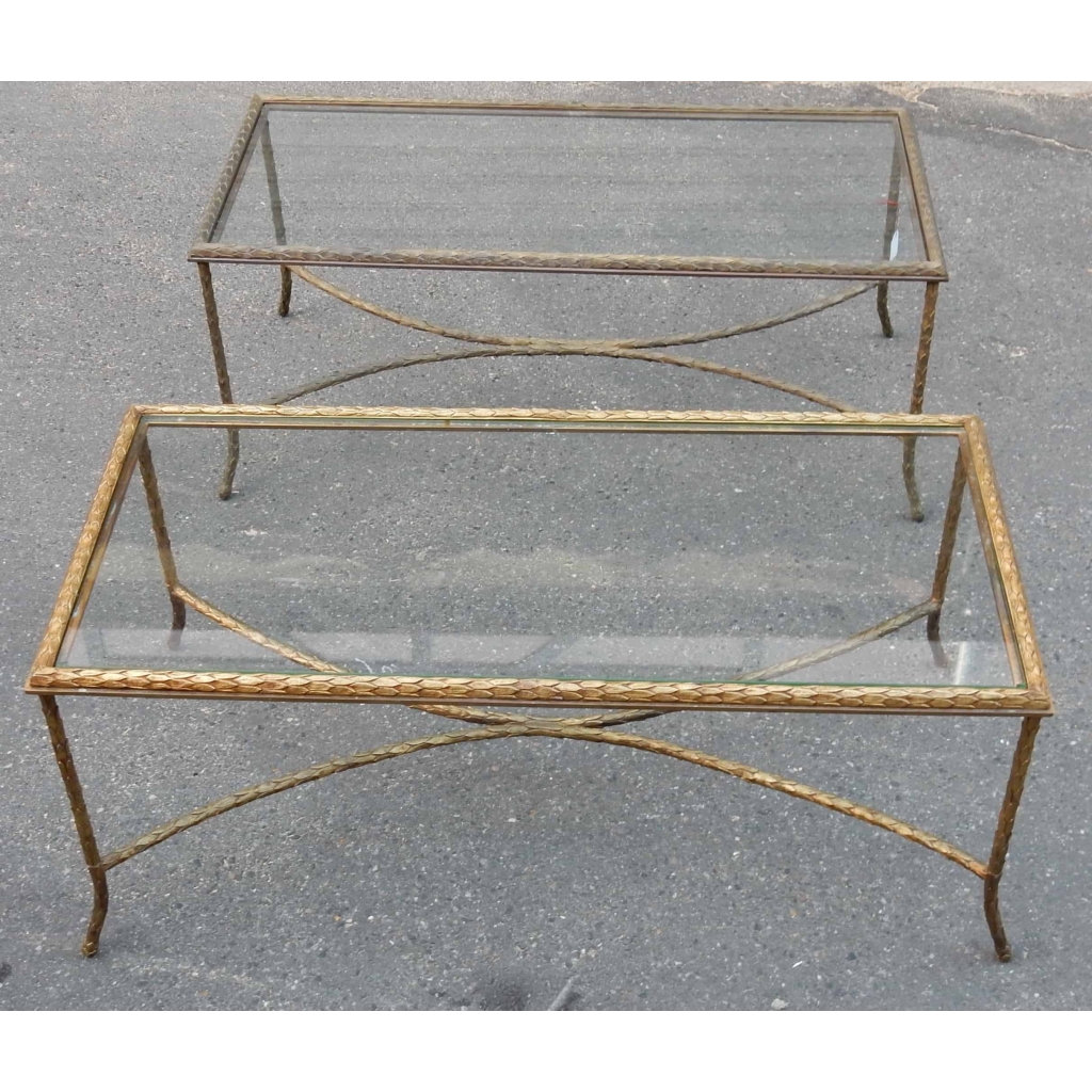 1950/70′ Paire Tables Basses en Bronze Doré Décor Palmier Maison Charles 105 X 50 cm | Biron 1950/70' Paire Tables Basses en Bronze Doré Décor Palmier Maison Charles 105 X 50 cm