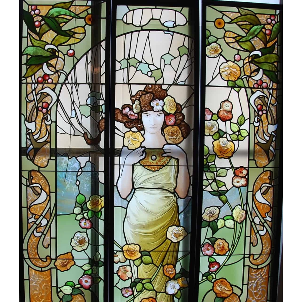 VITRAUX ART NOUVEAU FEMME A LA ROSE | Biron |||
