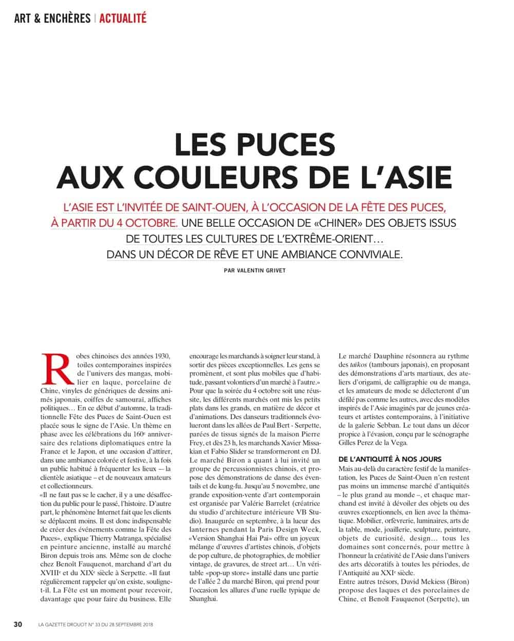Article dans La Gazette Drouot - Les Puces aux couleurs de l'Asie |||