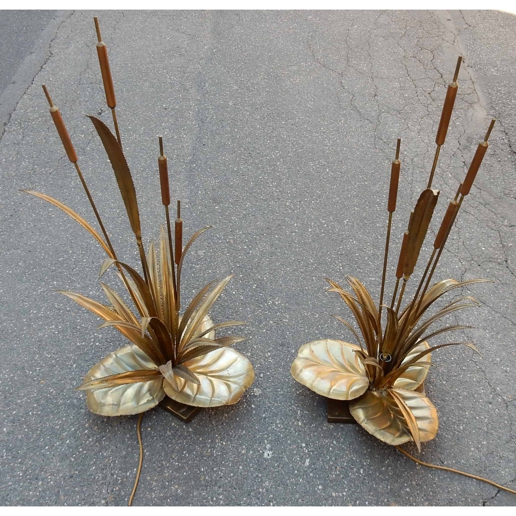 1970' Paire de Lampes aux Roseaux Style Maison Jansen Laiton