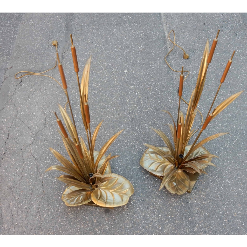 1970' Paire de Lampes aux Roseaux Style Maison Jansen Laiton