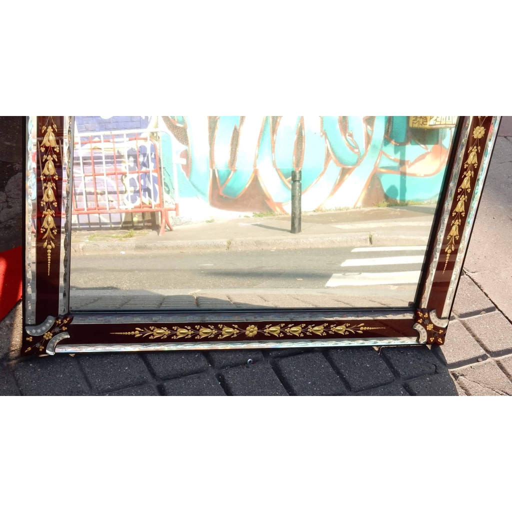 1900′ Miroir Venise Rouge et Or à Motifs de Fleurs Eglomisées 200 X 100 cm | Biron 1900' Miroir Venise Rouge et Or à Motifs de Fleurs Eglomisées 200 X 100 cm