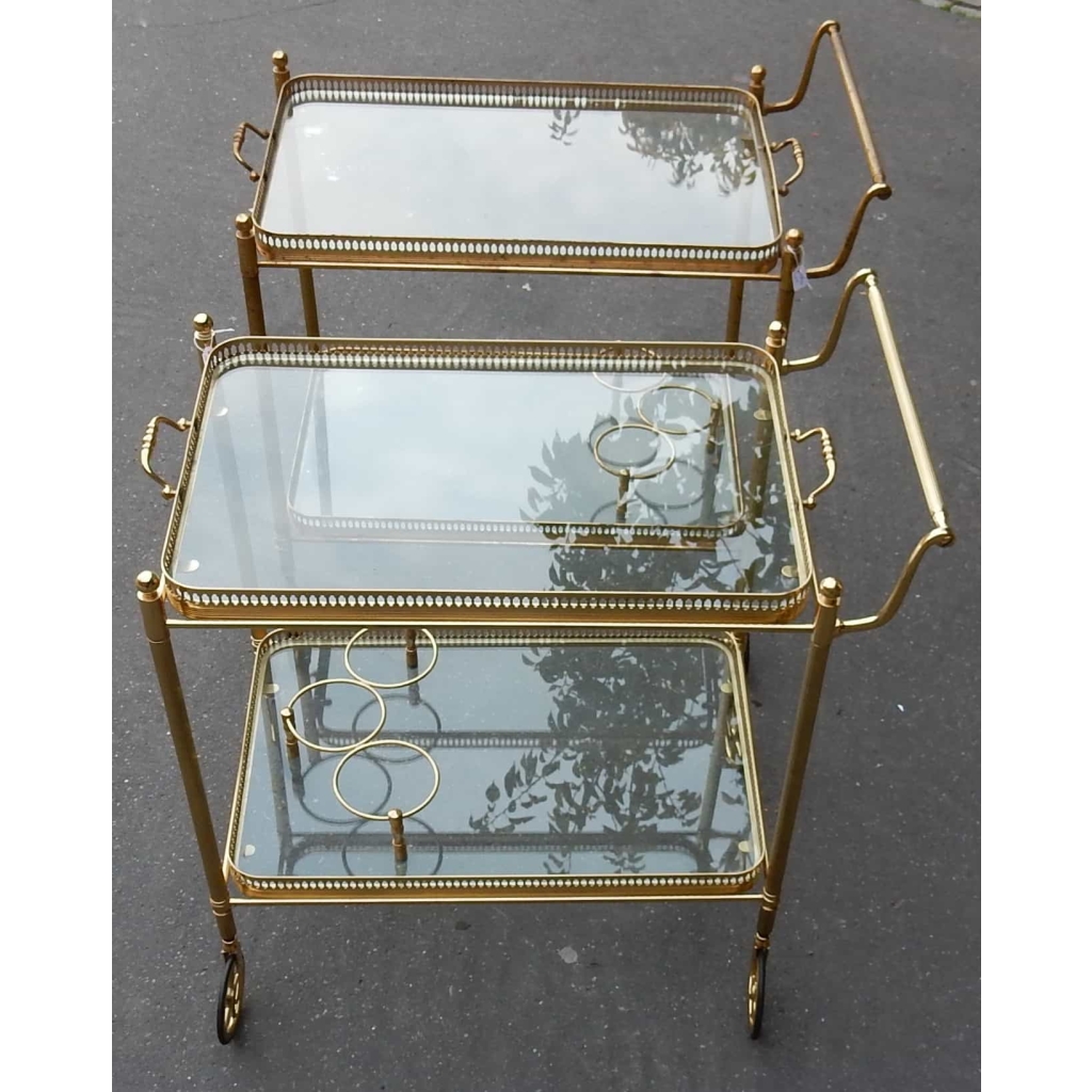 1950/70 Paire de Dessertes Roulantes Maison Bagués en Laiton Style L XVI | Biron 1950/70 Paire de Dessertes Roulantes Maison Bagués en Laiton Style L XVI