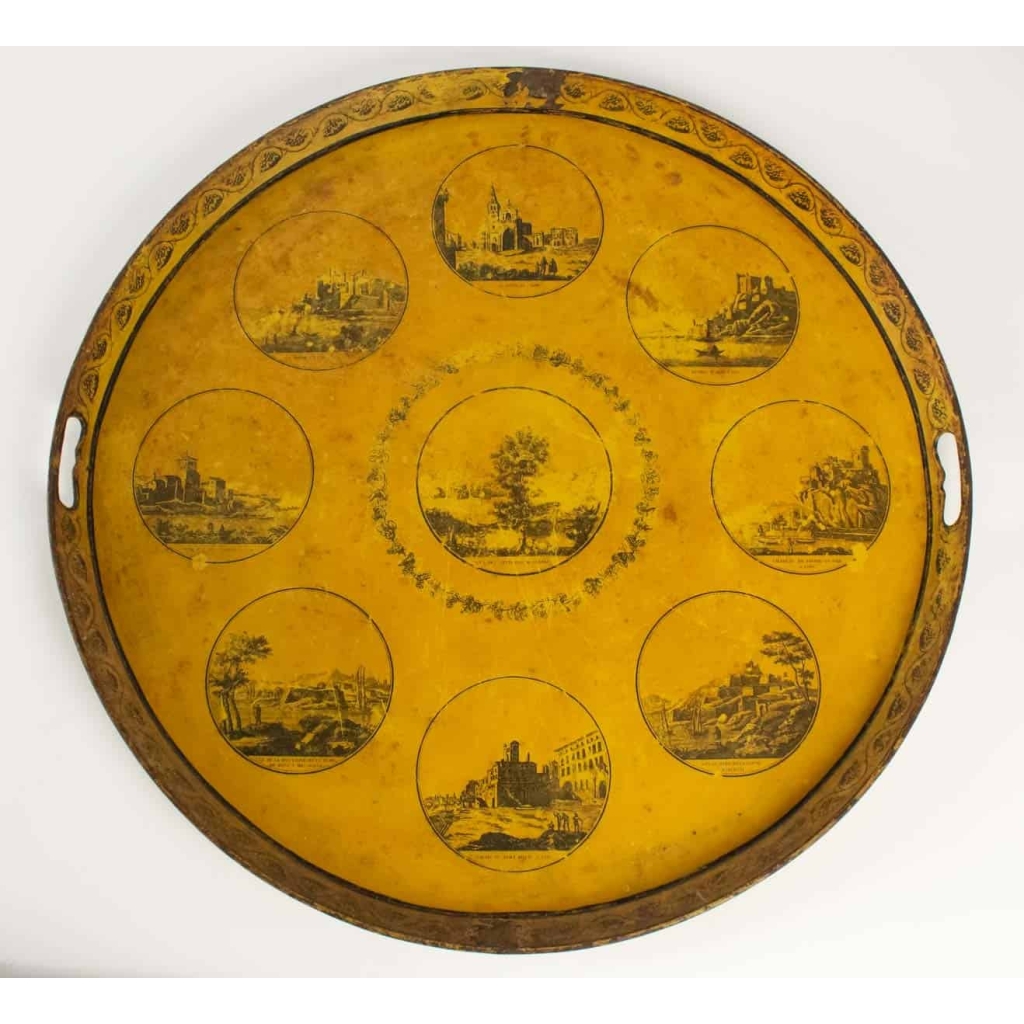 Plateau En Tôle d'époque Directoire Représentant Des Monuments De La Ville De Lyon