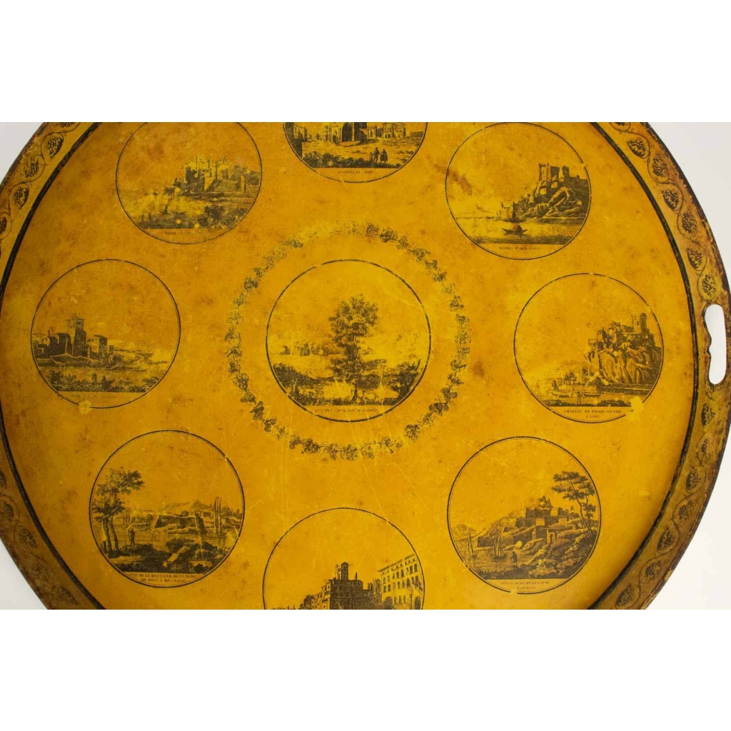 Plateau En Tôle d'époque Directoire Représentant Des Monuments De La Ville De Lyon