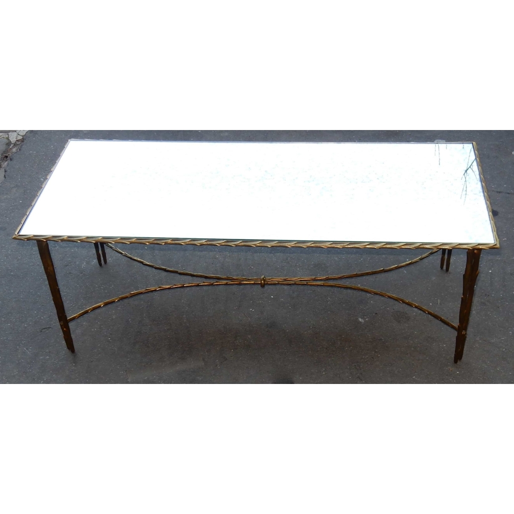 1950/70′ Table Basse en Bronze Doré Décor Palmier Maison Charles 112 X 47 cm Double Montant | Biron ||||||||