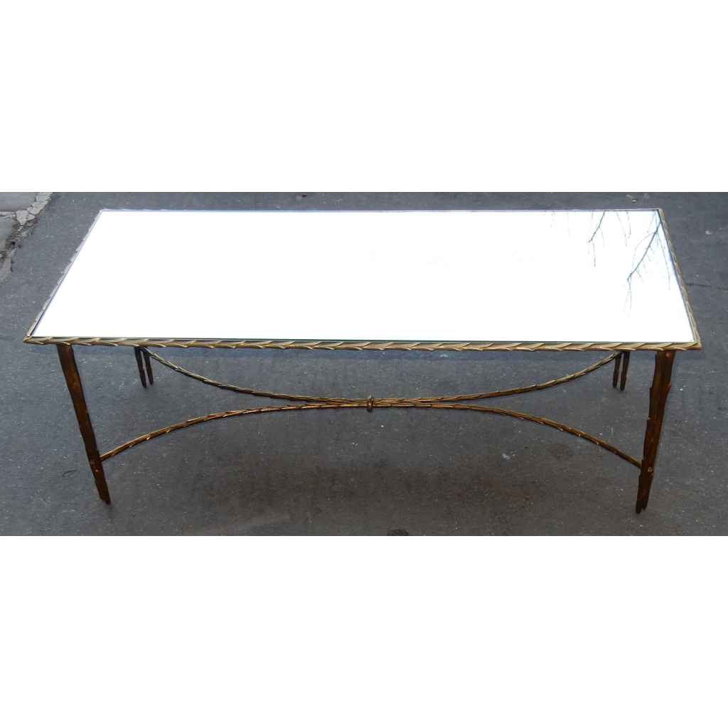 1950/70′ Table Basse en Bronze Doré Décor Palmier Maison Charles 112 X 47 cm Double Montant | Biron 1950/70' Table Basse en Bronze Doré Décor Palmier Maison Charles 112 X 47 cm Double Montant