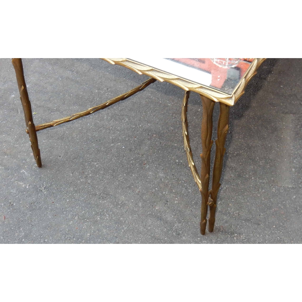 1950/70′ Table Basse en Bronze Doré Décor Palmier Maison Charles 112 X 47 cm Double Montant | Biron 1950/70' Table Basse en Bronze Doré Décor Palmier Maison Charles 112 X 47 cm Double Montant