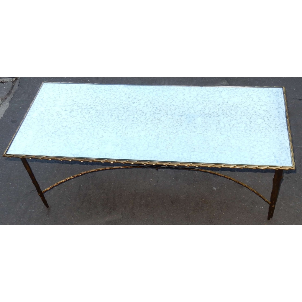 1950/70′ Table Basse en Bronze Doré Décor Palmier Maison Charles 112 X 47 cm Double Montant | Biron 1950/70' Table Basse en Bronze Doré Décor Palmier Maison Charles 112 X 47 cm Double Montant
